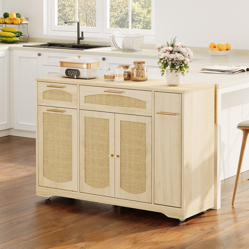 53.1" Kitchen Island on Wheels, Rattan Rolling Kitchen Island Cart with Drop Leaf Breakfast Bar, Tilt Out Trash Can Cabinet