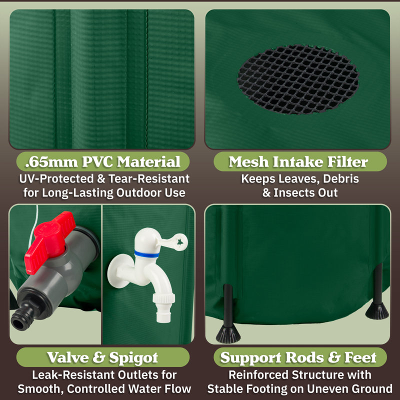 Collapsible Rain Barrel Kit - 100 Gallon / 380 L Portable Collapsible Water Container Tank - PVC Rain Collection System with Filter, Spigot, Outlet Valve, Overflow Tap and Hose (Green)