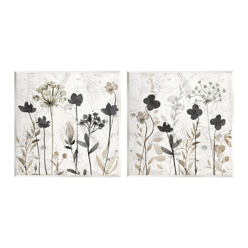 Impression numérique sur bois à motif de fleurs neutres, 2 pièces, Mdf, L 12 po x H 12 po x P 0,5 po