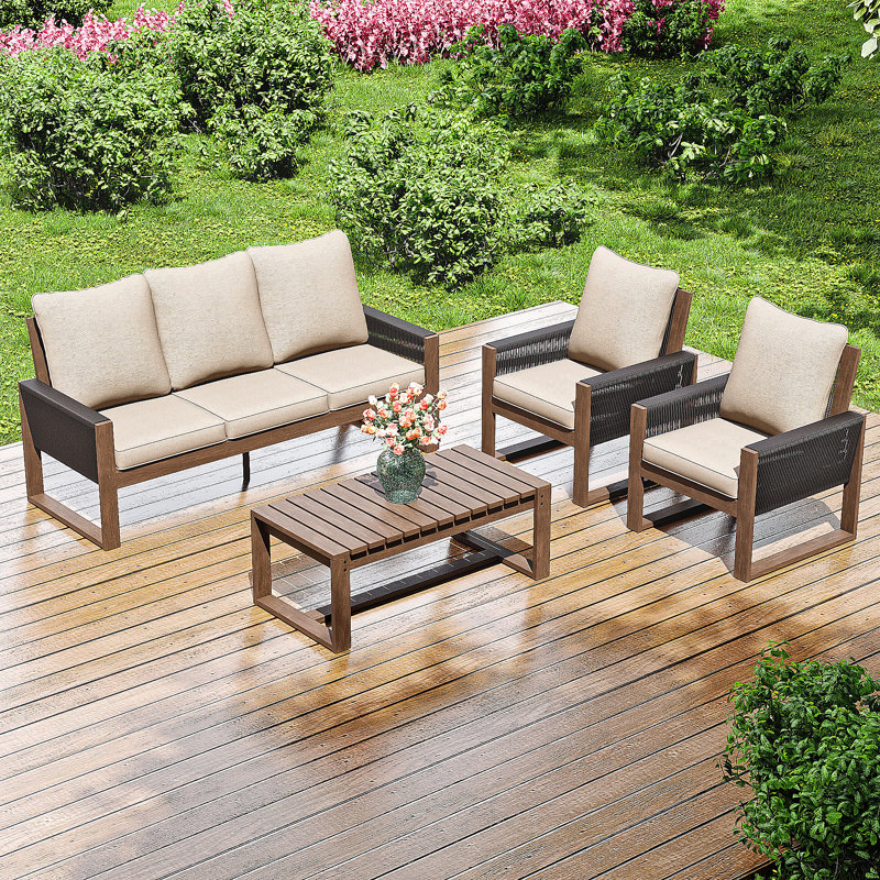 5-Person Patio Wooden Seating Group With Cushions, Beige