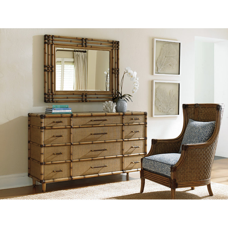 Twin Palms 68" Brown Coastal Woven Raffia 12-Drawer Dresser
