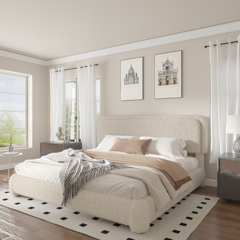 Haden Lambswool Boucle Upholstered Platform Bed Frame with Headboard, King, Beige