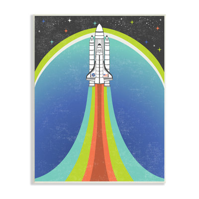 Rocket Ship Taking Off Outer Space Striped Pattern Picture Frame Graphic Art on MDF