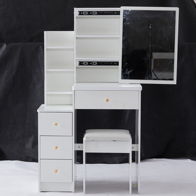 Maestri Small Space Left Bedside Cabinet Vanity Table + Cushioned Stool, Extra Large Right sliding mirror, White 1