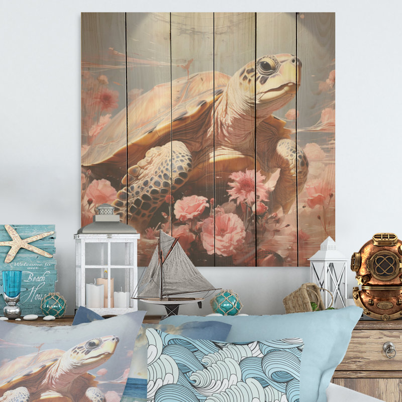 Romantisme tortue - tortue, art mural sur bois de pin naturel, H 25 po x l 25 po