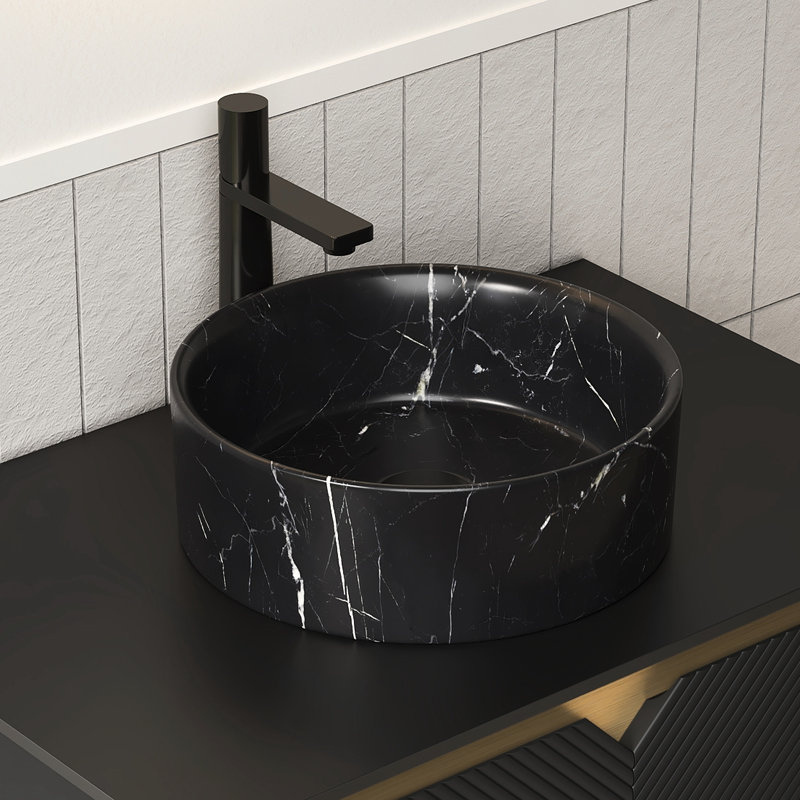 Matte Black 14'' Round Ceramic Bathroom Sink With Hazy Gray Veined Stone Pattern, Excellent Durability, Stain - , Classic Shape, 14.2 In Depth, 4.17 Width, 4.78 Height Sink, Black, And Atmospheric