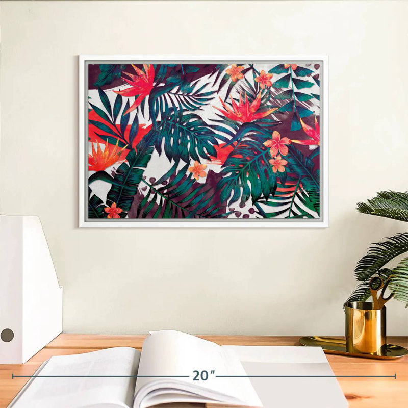 Palmiers et fleurs tropicales, Cadre flottant blanc, 13 po x 9 po
