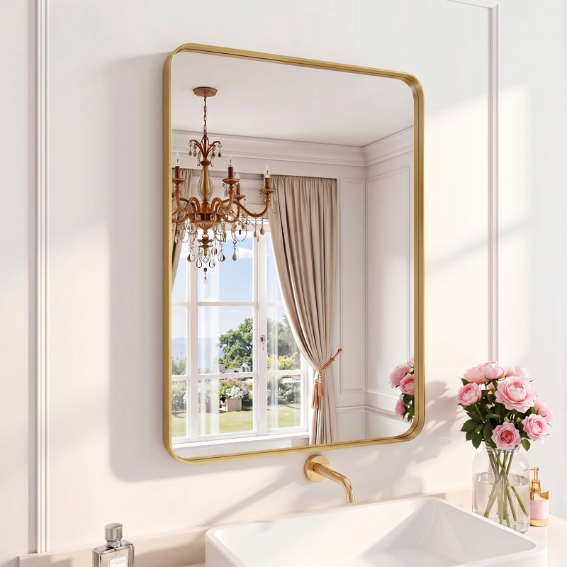 Lunara 1.18" Deep Rounded Corner Rectangular Bathroom Wall Mirror with Premium Tempered Glass & Aluminum Alloy Framed, Gold