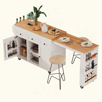 Kitchen Island With Extendable Dining Table, Kitchen Storage Table With 3 Side Open Shelves, Rolling Kitchen Island With Power Outlet, 3 Drawers, 2 Do