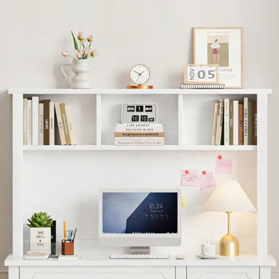 Bureau blanc avec rehausse, bureau à domicile 47 po avec tiroirs, bureau de direction pour bureau personnel, bureau blanc et or