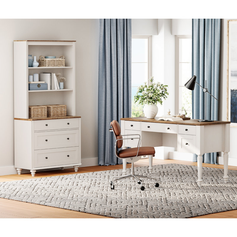 2 Piece Office Set, 56" Executive Desk & Bookcase With Drawers, Brown/White