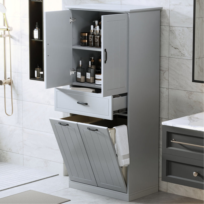 Grey Bathroom Cabinet With 2 Laundry Bags, & Painted, Adjustable Shelf, Tipping, Doors And Drawer For Home Use Storage Grey, House
