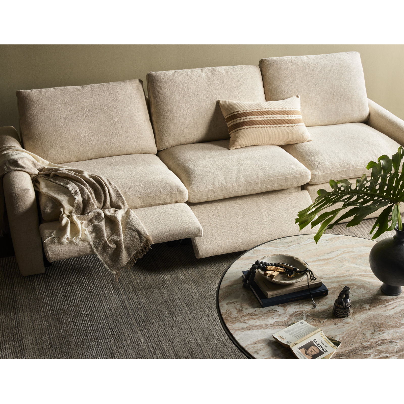 Single Coffee Table, 17" H x 47" L x 47" W, Creamy Taupe Top/Hammered Gray Base