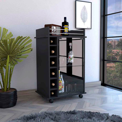 Chariot-bar Baltimore, armoire à deux niveaux avec porte en verre, six casiers à vin