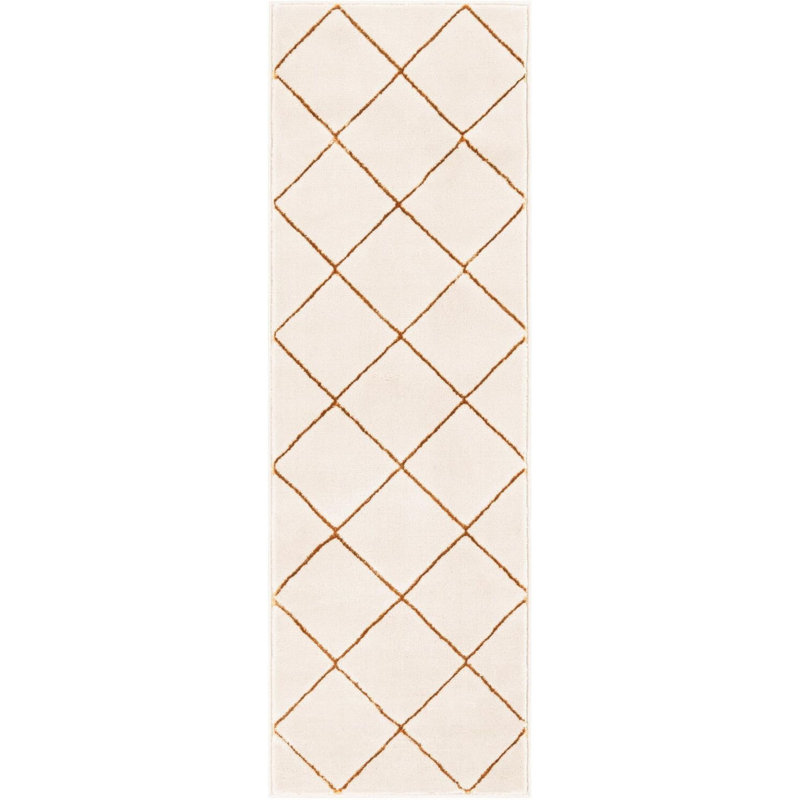 Tapis contemporain blanc et doré Etowah, Tapis de couloir 2 pi x 6 pi 1 po