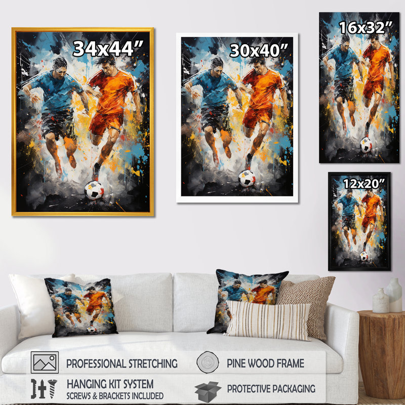Abstrait joueurs de soccer pendant le match II - soccer, art mural, Cadre flottant doré, H 20 po x l 12 po