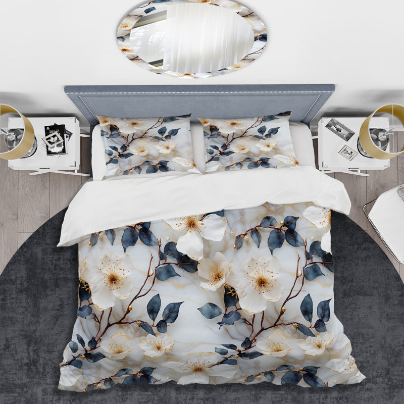 Ensemble de housse de couette White Marble Botanical Floral Palette I, Housse de couette pour grand lit et 2 taies décor