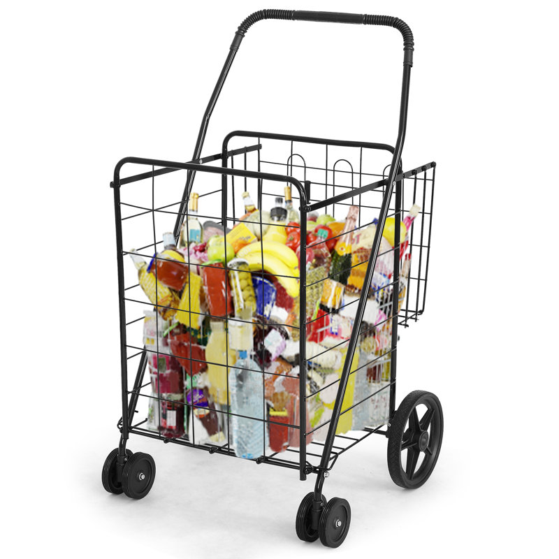 40'' H x 24'' W Folding Shopping Cart with Dual Storage Baskets and Swiveling Wheels, Black