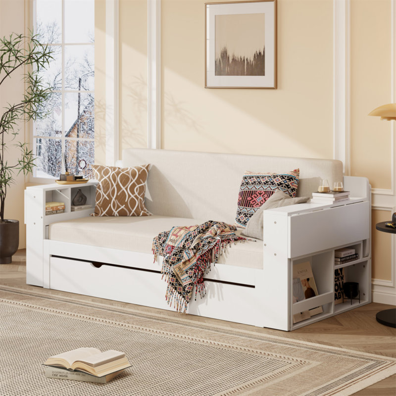 Grand lit de jour avec bureau amovible, tiroirs de rangement et table d'appoint hydraulique, blanc, Grand lit, Blanc