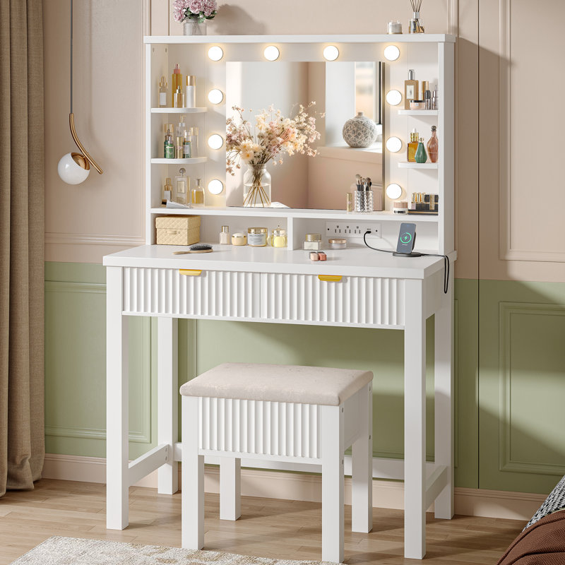 Bureau de coiffeuse avec éclairage réglable et station de charge - 2 tiroirs, tabouret de rangement à plateau relevable, miroir de maquillage