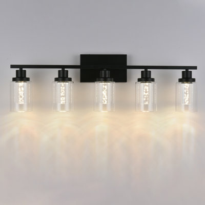 Luminaires de salle de bain 5 lumières noires, ampoules à DEL intégrées incluses, lumière de meuble-lavabo à intensité variable avec abat-jour en verre transparent, lumières de salle de bain à DEL en cristal au-dessus du miroir pour la chambre à