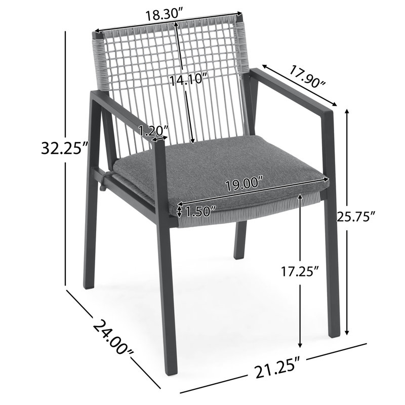 2 chaises de salle à manger d'extérieur - Fauteuils en aluminium et en corde pour la terrasse, la cour, le bord de la piscine, la structure en rouille du balcon, assise confortable avec fauteuil à coussin + structure en rouille, confort ergonomique