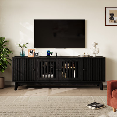 Mid Century Modern TV Stand, 63'' TV Stands for Living Room with Power Output and Adjustable Shelves, Entertainment Center with Storage and 4 Grille Doors