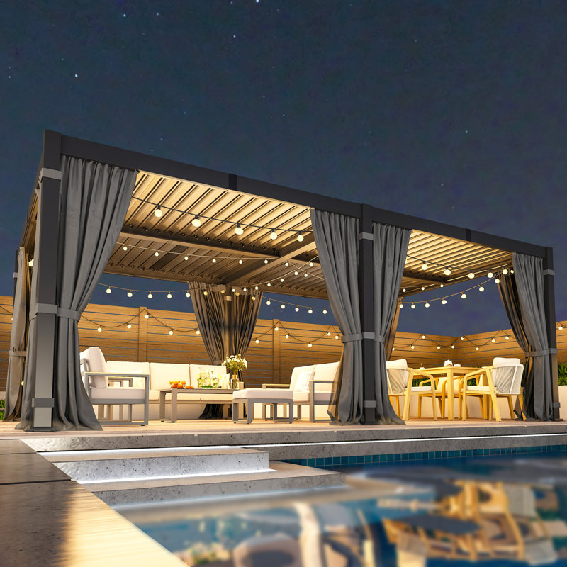 12×20Ft Pergola With Curtains & Netting, Dark Gray