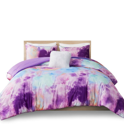 Twin/Twin Xl Comforter With Tie Dye Design, , , Decorative Pillow Watercolor Dye, , Piped Border, 1 Fur