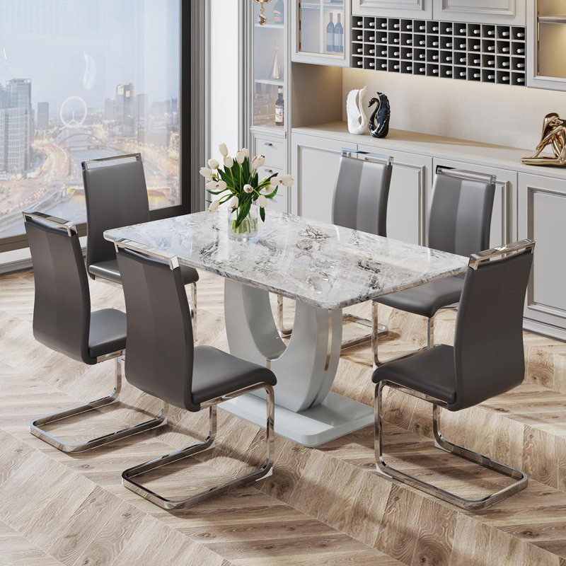 7 Piece - Marbled Dining Table Set, Dark Gray/Silver