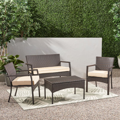  4 Pcs Patio Furniture Set with Loveseat, 2 Comfortable Chairs, and Stylish Coffee Table, Durable PE Wicker Design with Plush Cushions for Outdoor, Brown