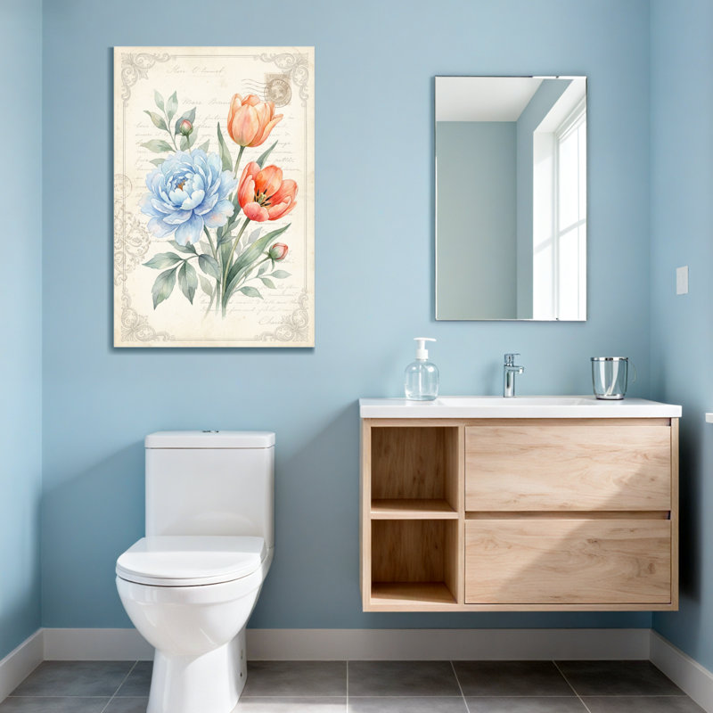 Bouquet de plantes et de fleurs avec fleurs bleues et oranges, H 24 po x l 16 po