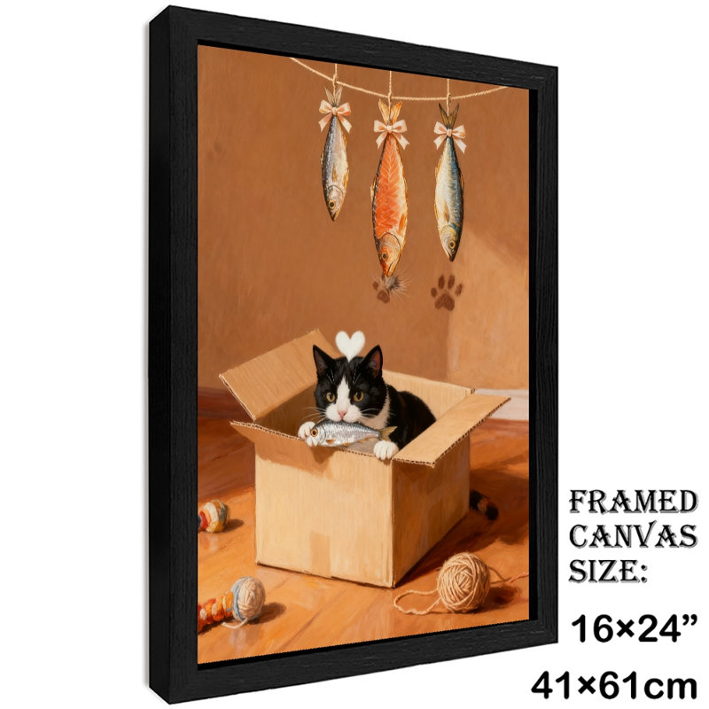 Reproduction d'art encadré noir avec chats rétro et leurs délicieux poissons séchés, H 25 po x l 17 po