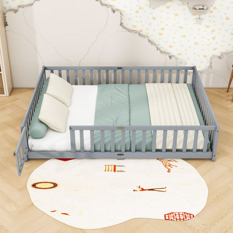 Queen Floor Bed With Safety Guardrails, Gray
