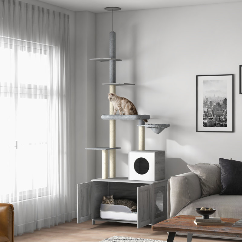 Enceinte de litière pour chat 2 en 1 - gris. Confortable avec, lit, grattoirs et plateformes pour chats d'intérieur dissimulant une tour grise. Délice pour animaux tout compris