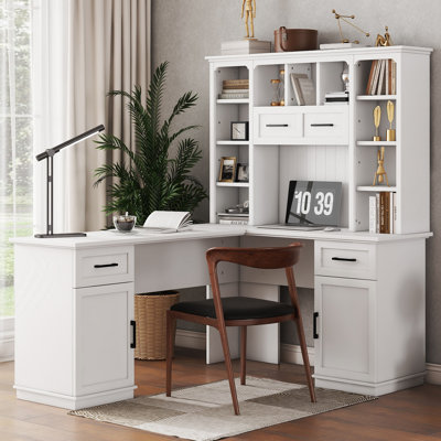 L-Shaped Computer Desk With Hutch And Storage Shelves, 65" Corner Home Office Desk,Antique Blue