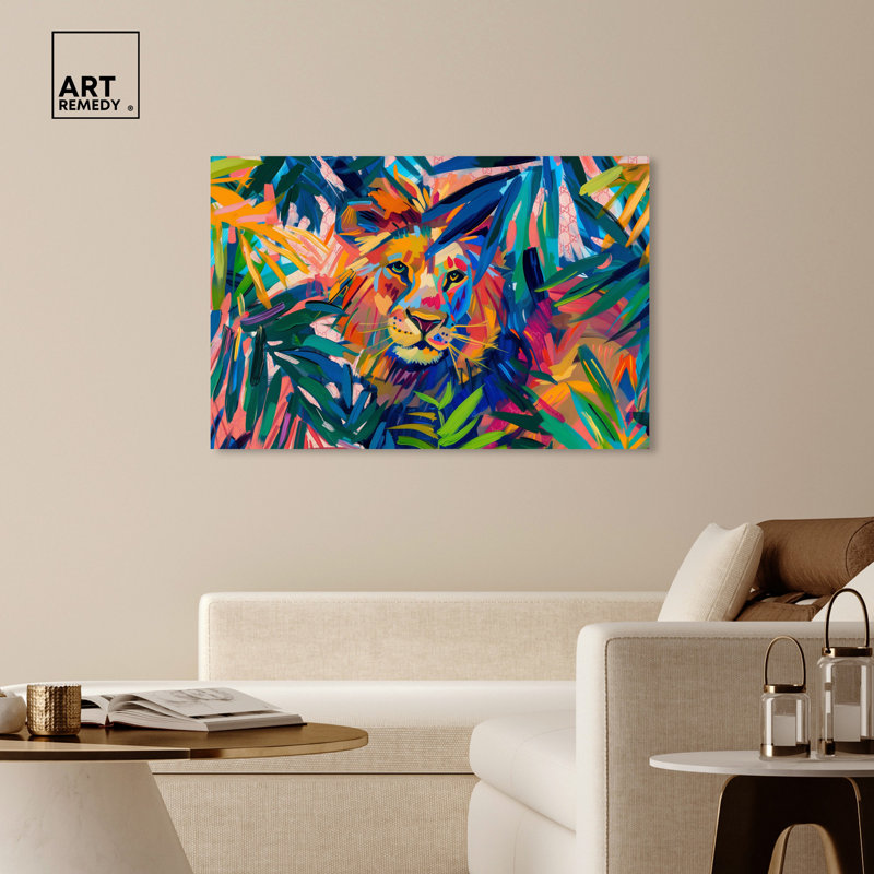 Art mural "Relaxing Lion Tropical Jungle" par Art Remedy, Toile tendue, H 36 po x l 54 po