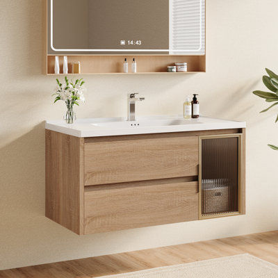 Latrey 36'' Single Bathroom Vanity with Ceramic Sink, Natural Wood Cabinets with 2 Drawers