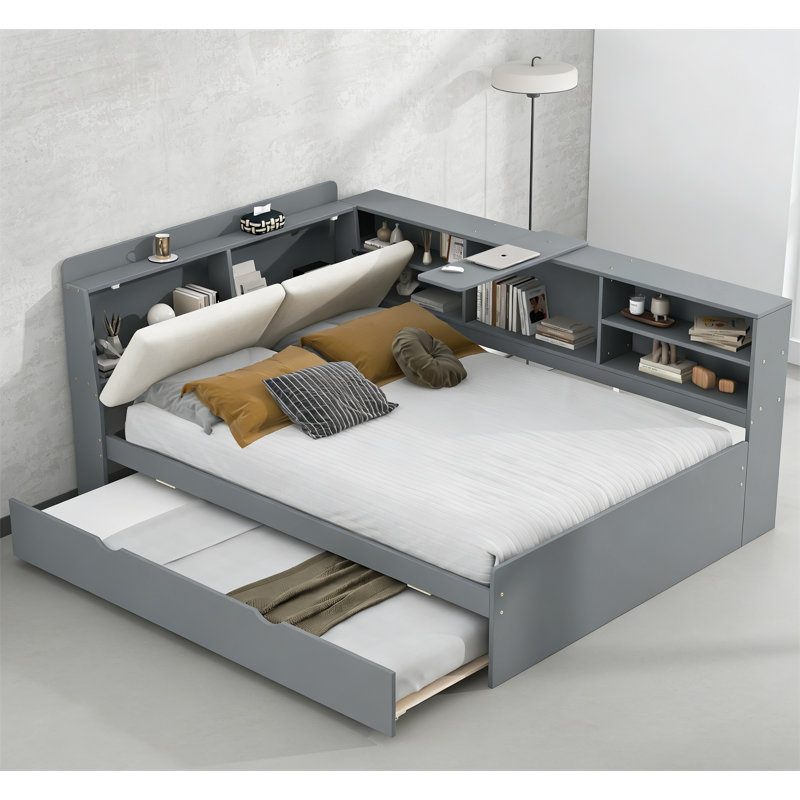  Solid Wood Platform Full Bed with Trundle and Storage Headboard, Gray