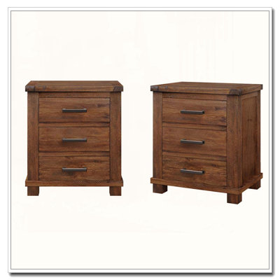 Rustic Three Drawer Reclaimed Solid Wood Nightstand Set of Two