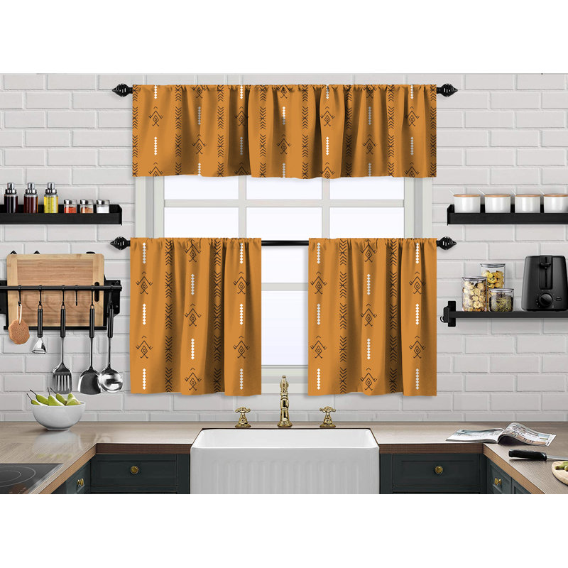 Boho Design Kitchen Valance (50X14) And 2 Tiers Cafe Curtains, Mustard Yellow, 24" W x 30" L