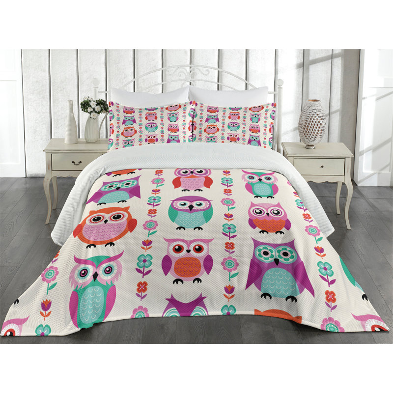 Colorful Owl Print Twin Polyester Bedspread Set