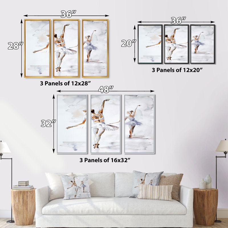 Watercolors Ballerinas Dance II - 3 pièces, peinture sur toile, H 20 po x l 36 po, Doré