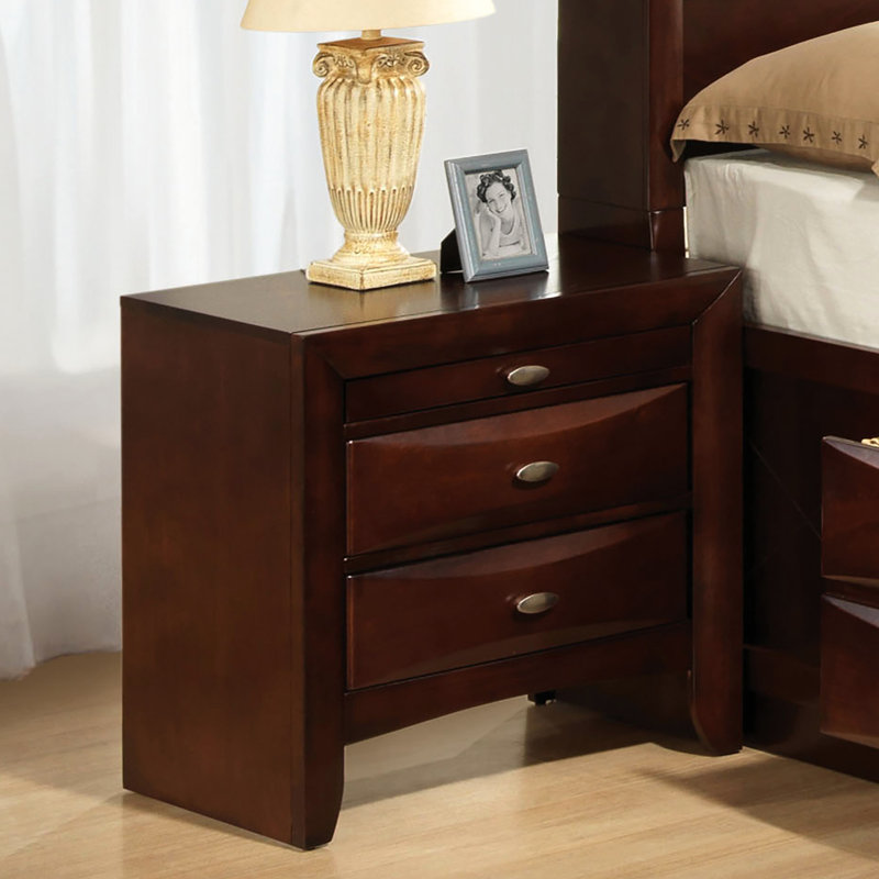 Table de chevet contemporaine couleur cerise avec 2 tiroirs, bois massif et bois d'ingénierie, poignées ovales en nickel, tiroir doublé de feutre, plateau coulissant, table décorative pour chambre à coucher, autre