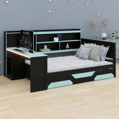 Lit de jour de style jeu avec lumières DEL, bureau intégré et 3 tiroirs de rangement