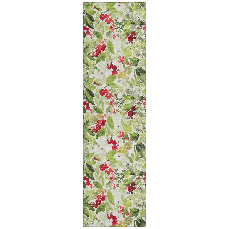 Machine Washable Indoor/Outdoor Christmas Cherries Xhevrie Aloe Rug