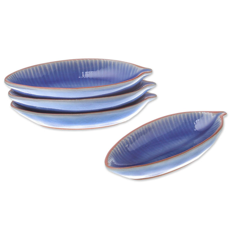 Set of 4 Blue Ceramic Leaf-Shaped Serving Bowls