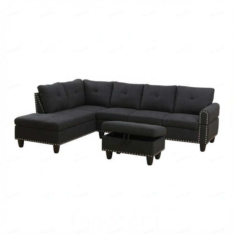 Canapé modulaire en L 3 pièces en L gris et gris avec repose-pieds et porte-gobelets (méridienne gauche)