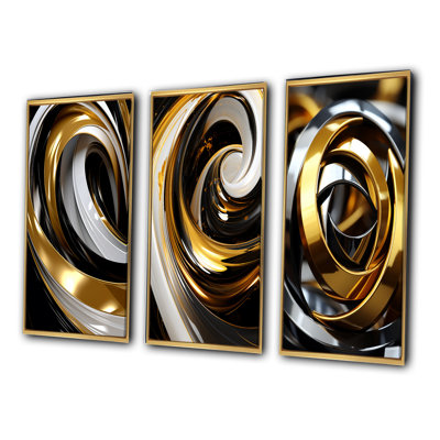 Circular Futuristic Gold And Silver Swirl - Abstract Spirals Art Set Of 3 Pieces