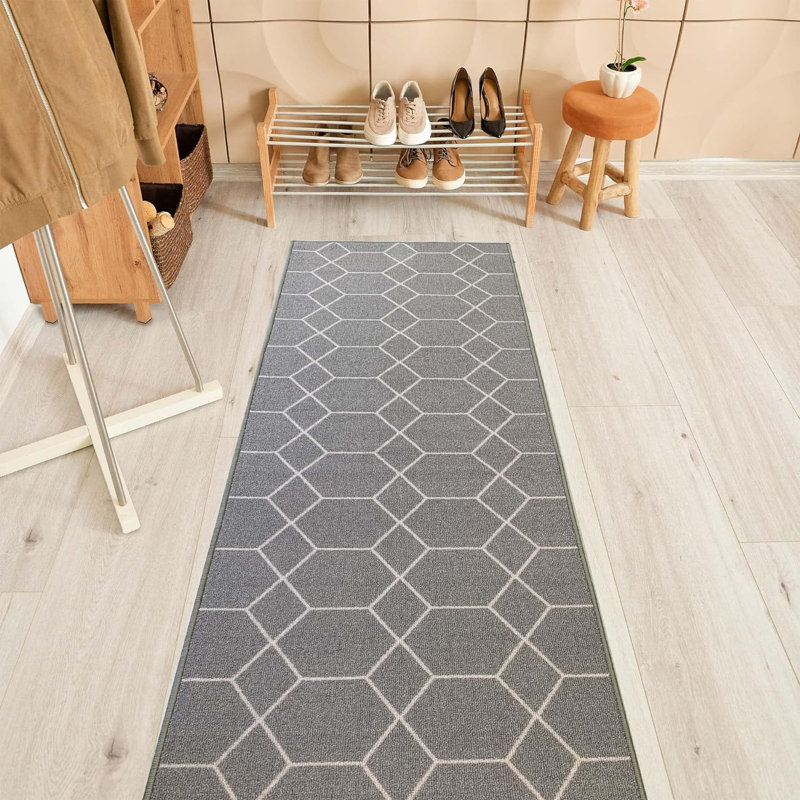 Custom Length Runner Rug And Stair Runner 26'' Wide Choose Your Length Hexagon Design Grey Color_, Runner 2'2" x 10'